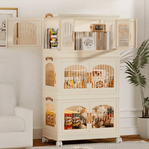 Behost 3 Pack Plastic Large Storage Bins with Lids, Closet Organizers and Storage, Stackable Storage Containers with Wheel, Beige