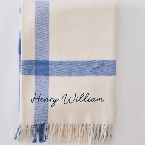 Weezie Blue Plaid Throw Blanket (Henry William in Navy River Font)