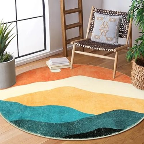 6 ft Abstract Round Rugs for Bedroom, Washable Non-Slip Circle Rug, Soft Colorful Low-Pile Floor Mat, Chic Faux Wool Large Rug, Indoor Throw Rugs for Living Room, Kidsroom