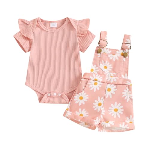 Rtnnsbbfcm Newborn Baby Girl Clothes Summer Outfit Short Sleeve Ribbed Romper Floral Suspender Overalls Shorts Set
