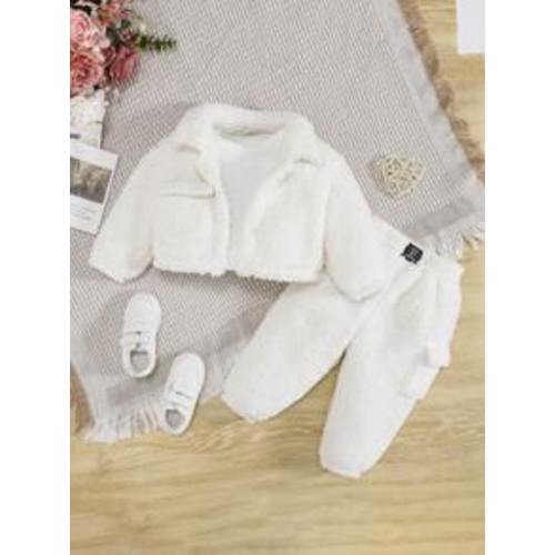 SHEIN Baby Girl Solid Teddy Jacket & Pants Without Tee