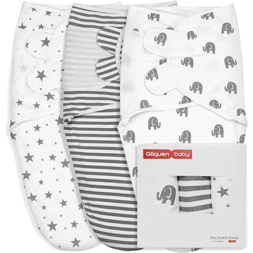 GLLQUEN BABY Swaddle Blankets for Baby Boy Girl, 3-6 Months, Gray Elephant Star & Stripe, 3 Pack Wrap Set, Newborn Adjustable Swaddles Sleep Sack,(Medium/Large)