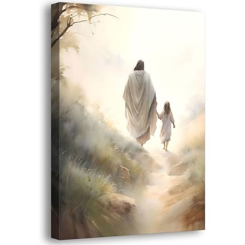 Framed Jesus Wall Art Picture Christian Canvas Poster Prints Follow Me Painting Wall Decor for Living Room Kids Room Bedroom 12x16in