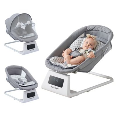 Pamo Babe Unisex Baby Swing for Newborns,5 Speeds with Remote Control,Canopy,Mosquito Net(Grey)