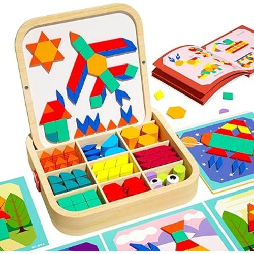 Wooden Magnetic Pattern Blocks Set with Cards, 288 PCS Montessori Tangram Puzzle Learning Toys for Toddlers 3-5, Educational STEM Gift for Kids Boys Girls 3 4 5 6