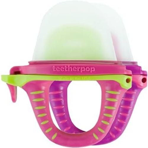 Teetherpop Fillable Silicone Teether for Babies – Breastmilk Popsicle Molds for Teething with Spill-Proof Sippy Slits – Freezable Baby Teethers for Liquids & Purées - Cool Relief (PinkLimon & Fuchsia)