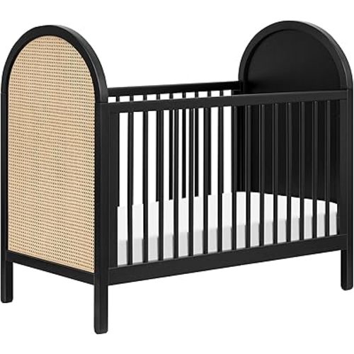 babyletto Bondi Cane 3-in-1 Convertible Crib with Toddler Bed Conversion Kit in Black with Natural Cane, Greenguard Gold Certified