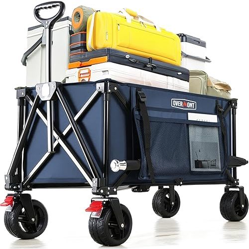 Overmont Collapsible Wagon Cart with Wheels - 220L Foldable Heavy Duty Wagon with Big All-Terrain Wheels - 330Lbs Weight Capacity with Side Pockets for Camping Sports Garden Grocery Shopping Blue