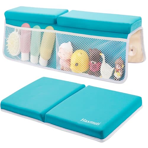 Haxmuti Bath Kneeler and Elbow Rest Pad Set, Thick and Quick Dry Kneeling Pad Support for Knee and Arm, Extra Large Baby Bath Kneeler Pads Bathtub Mat with Toys Organizer for Baby Bath Time, Blue