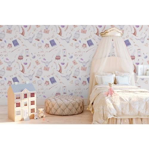 Girl purple wallpaper, wizard wallpaper, birdcage wallpaper, magic wallpaper, nursery wallpaper, kids wallpaper, wallpaper, owl wallpaper,