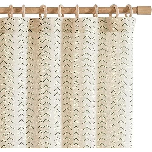 jinchan Linen Boho Curtains for Living Room Semi Sheer Curtains for Bedroom 84 Inches Long Herringbone Printed Farmhouse Drapes, Rod Pocket Window Treatment Curtain Set of 2 Panels Green on Linen
