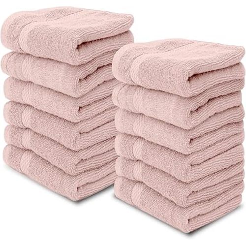 White Classic Luxury Cotton Washcloths - Large Hotel Spa Bathroom Face Towel | 12 Pack | Pink