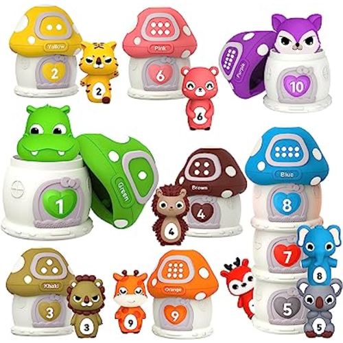 20PCS Farm Animal Toys Toddler Toys Age 1-2 2-4, Montessori Toys for 1 Year Old Finger Puppets Mushroom House Learning Stacking Toys, Baby Gifts for Girls Boys