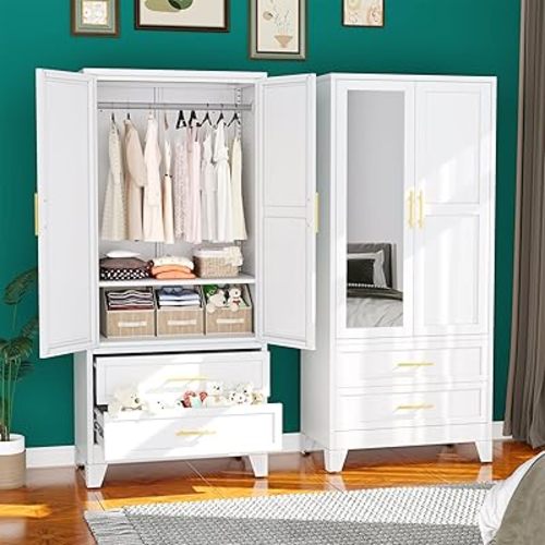 erosoei Metal Armoire Wardrobe Closet, 71 "Metal Clothing Storage Cabinet with Mirror and Adjustable Shelves, Household Steel Wardrobe Storage Cabinet with 2 Drawers and Hanging Rod(Armoire-White)