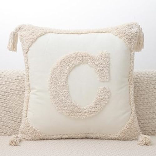 Monogram Pillow Covers with Tassels 18”x18” Modern Cotton Canvas Tufted Alphabet C Throw Pillow Covers for Sofa Couch Bed 26 English Letters Decorative Pillow Case for Sofa Throw Pillows