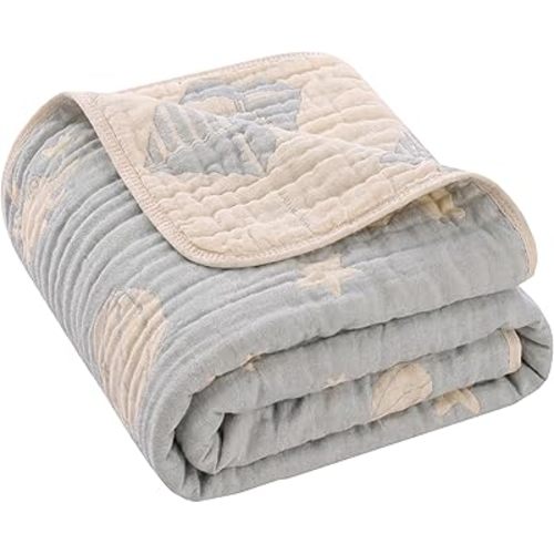 6-Layer Muslin Baby Blanket Made with Organic Cotton - Serene Ocean Life & Sea Wonders Theme,Swaddle & Crib Quilt, 43" x 43"(Grey Ocean)