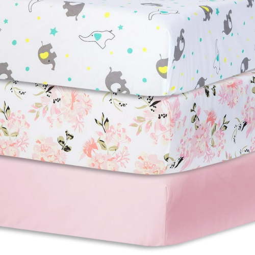 Little Grape Land Crib Sheets for Baby Boys 3 Pack, 28"x 52" Extra Soft Microfiber Crib Sheet Set for Standard Crib & Toddler Mattress Pad, Floral & Elephant & Pink