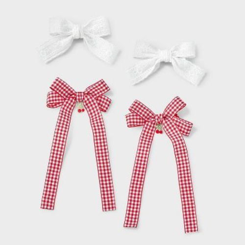 Girls' 4pk Lace and Gingham Cherry Bow Hair Clip Set - art class™