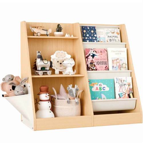 TOPCOMFY Kids Bookshelf and Toy Storage, 3 Tier Kids Bookcase, Wooden Sling Bookshelf,Toddler Montessori Book Shelf with Toy Storage Organizer