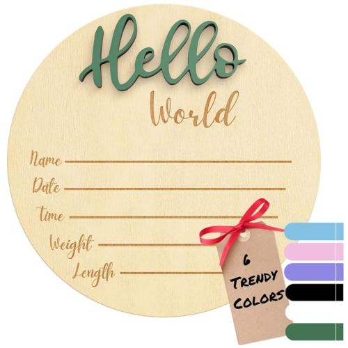 Baby Announcement Sign – 6” Wooden Hello World Newborn Name Sign, Hospital Birth Stat Plaque, Gender-Neutral Welcome Baby Keepsake, Personalized Photo Prop for Boys & Girls, Newborn Gift (Green)