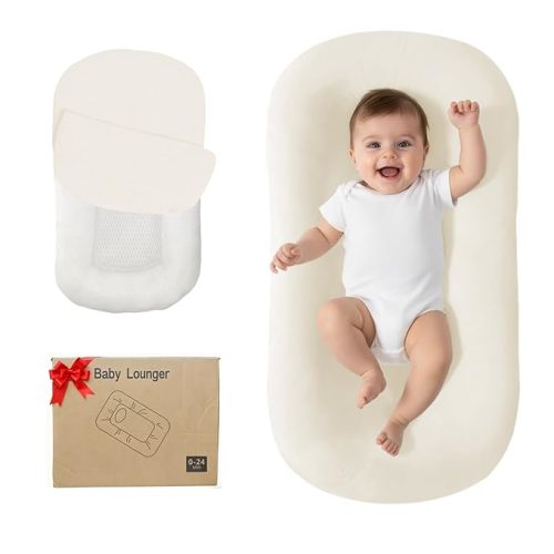 Lucakuins Baby Lounger, Bionic Design Baby Lounger for Newborn 0-24 Months, Soft Organic Cotton Breathable Lounger for Infants (White Newborn Lounger)