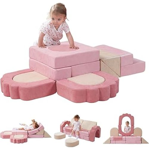 13-Piece Foam Climbing Blocks for Toddlers 1-3, Soft Toddler Climbing Toys Indoor, High-Density Flower Foam Climbing Blocks, Washable Indoor Climbers & Play Structures(Beige Pink)