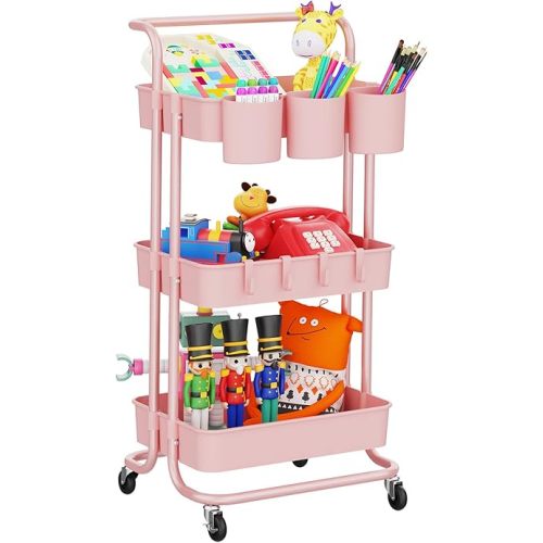 LEHOM 3-Tier Rolling Mobile Utility Cart with Hanging Cups & Hooks & Handle Multifunctional Organizer Storage Trolley Service Cart with Wheels Easy Assembly for Office, Bathroom, Kitchen (Pink)
