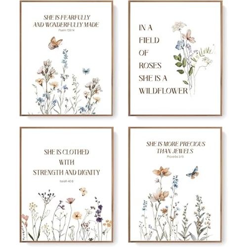 LARTSFRO Bible Wildflower Christian Wall Art Prints, Flower Scripture Art Wall Decor, Floral Bible Verse Poster, Christian Poster Gifts, Posters for Room Aesthetic, 10x8 Inch Set of 4 Unframed