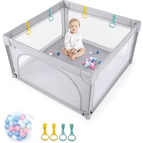 Costzon Baby Playpen, Extra Large Playard for Babies w/ 50 Ocean Balls, Infant Safety Gates with & Anti-Slip Suckers, Children's Fences with Breathable Mesh Walls, Toddler Play Yard