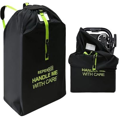 reperkid Large Stroller Bag for Airplane Travel, Black & Green, 47" H x 24" W x 15" D, Fits Most Large, Single, Double, Jogging Strollers – Premium Waterproof Cover, Adjustable Shoulder Straps