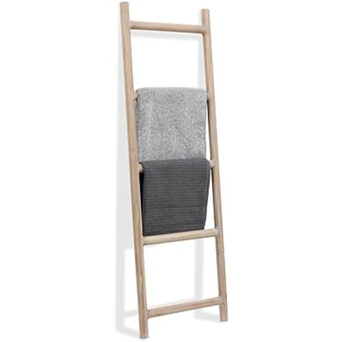 FUIN Fully Assembled 5ft Wood Blanket Ladder Living Room Decorative Wall Leaning Farmhouse Quilt Display Holder Rustic Wooden Towel Rack for Bathroom, Natural & Graywashed