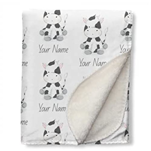 Custom Baby Blanket with Name Personalized Cow Print Soft Sherpa Warm Blankets, Farm Themed Baby Nursery Crib Bedding for Toddler (31 x 47 inch)