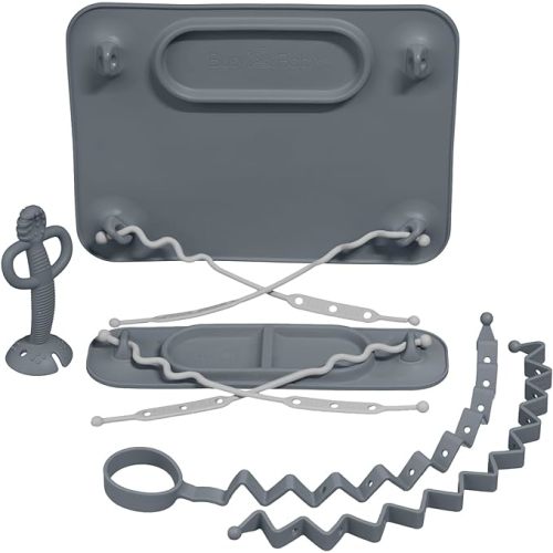 Busy Baby - New Parent Start Up Kit - 1-Original Placement, 1-Mini Mat, 1-Teether Spoon, 1-Toy Bungee, 1-Bottle Bungee Plus 6-Multipurpose Straps (Pewter New Parent Start Up Kit)