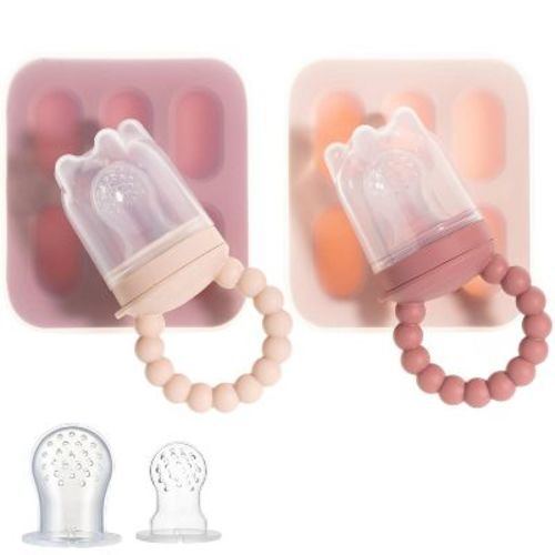Silicone Baby Fruit Feeders With Freezer Tray For Batch Prep, Set Of 2 Safe & Convenient Includes Extra Pouches & Travel Lids, Dishwasher Safe, Pink