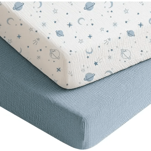 Konssy Muslin Crib Sheets for Boys, Soft Cotton Neutral Baby Sheets for Standard Crib Mattress 2 Pack, 52"x28" (Star,Blue)