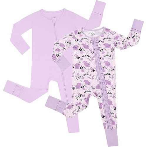 JunNeng 2Pcs Baby Girl Viscose from Bamboo Sleeper with Mitten Cuffs, 2 Way Zipper Romper, Sleep N' Play Pjs 0-18 Months