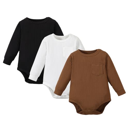ROMPERINBOX Newborn Onsies Boy Girl 3 Pack Rib Knit Baby Bodysuit Solid Color Striped Short/Long Sleeve for Unisex