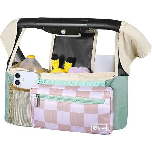 Universal Stroller Organizer with Insulated Cup Holders and Detachable Phone Bag,Stroller Caddy Fits for Stroller Accessories like Uppababy, Baby Jogger, Doona, Nuna Stroller (Green Square grid)