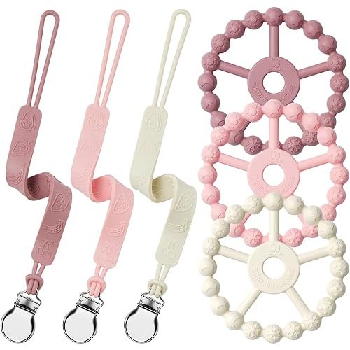 Silicone Ring Teether and Pacifier Clip, Seposeve Pack of 3 Baby Pacifier Teether Clip for Babies 0-6 Months, Teething Ring Toys, Keeps Teethers Clean, 6-12 Months 12-24 Months, Purple Pink White