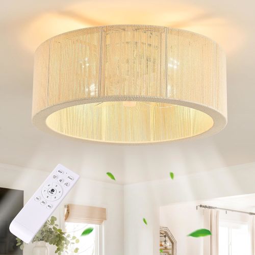 20" Boho Rattan Flush Mount Ceiling Fan w/Light & Remote, Bedroom