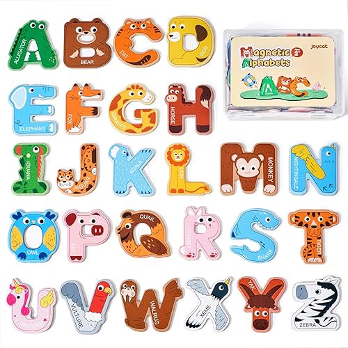 Wooden Thick Alphabet Magnets for Toddlers Fridge Large Size Cute Animal Colorful ABC Magnetic Letters 26 Uppercase Letters 0-9 Numbers Toy Set for Kids Toddlers Preschool Learning Spelling