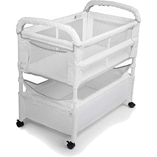 Arm’s Reach Clear-Vue Co-Sleeper Bedside Bassinet Featuring Clear Mesh Panels with Fold-Down Side, Large Attached Storage Basket, 4 Wheels, and Height-Adjustable Legs