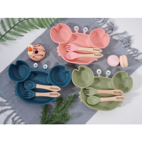 Personalized Baby Meal Set With Spoon and Fork, Custom Kids Dining Set, Cute Crab-Shaped Silicone Meal Plate, Kids Feeding Set