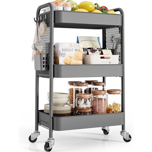 TOOLF Rolling Carts with Wheels, 3 Tier Rolling Utility Cart, Metal Storage Organizer with Pegboard Hooks Bins for Bathroom Kitchen Storage, Three Tier Cart for Book Diaper & Craft Art Supplies, Grey