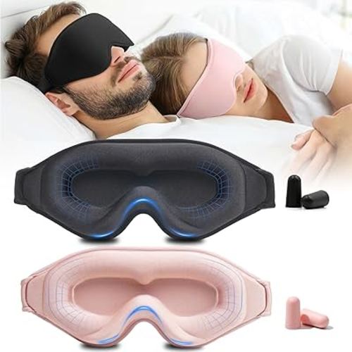 Washable 99% Blackout 3D Eye Mask for Sleep with Earplugs & Adjustable Strap (Black + Pink)