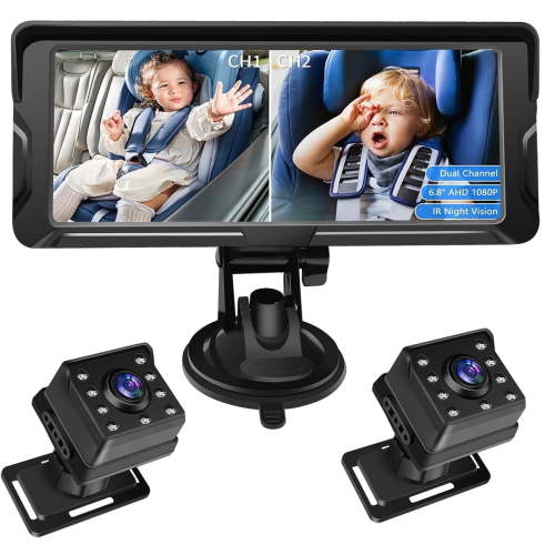 Baby Car Camera HD 1080P Dual-Channel Display Car Baby Camera with 2 IR Night Vision Camera, Easily Install 6.8'' Car Camera for Baby with Crystal Clear Wide View for Rear Facing Seat