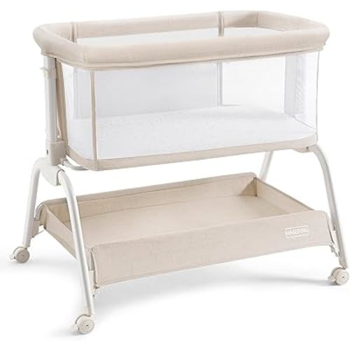 HARPPA Cuddly Bassinet, 2 in 1 Baby Bassinet with Breathable Mesh and Mattress, 6 Height Adjustable, Bedside Sleeper with Anchor Strap, Storage Basket and Wheels, Beige