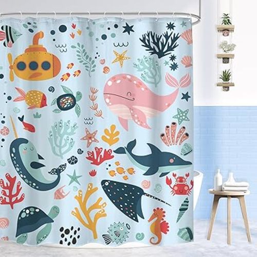 Blue Kids Shower Curtain 60Wx72H Kid Ocean Whale Funny Summer Cartoon Cute Fish Sea Animal Boy Girl Nursery Bathroom Decor Underwater Submarine Coastal Bath Curtain Polyester 12 Pack Hooks