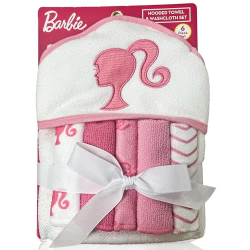Cudlie Barbie Towel Set | Barbie Baby Bath and Beach Towels | Hoodie Towel Cover Up and 5 Wash Cloths | Baby Newborn Essentials | Newborn Girl Gifts | Soft Plush | Pink/White | Officially Licensed