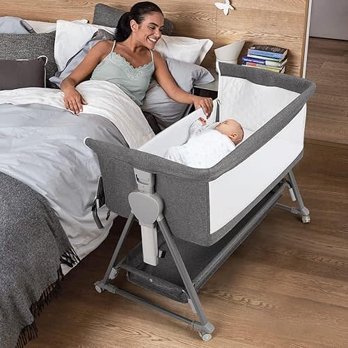 Cowiewie Bassinet Bedside Sleeper, Baby Bassinet with 7 Adjustable Height, Bedside Bassinets for Baby with Breathable Mesh Sides & Mattress, XL Storage, Easy Folding Baby Crib (Pyramid Dark Gray)